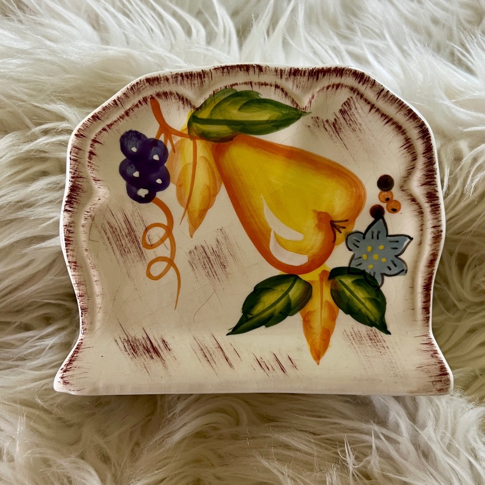 WCL Ceramic Napkin Holder Harvest Fruit Pear Apple Hand Painted Farmhouse Cream